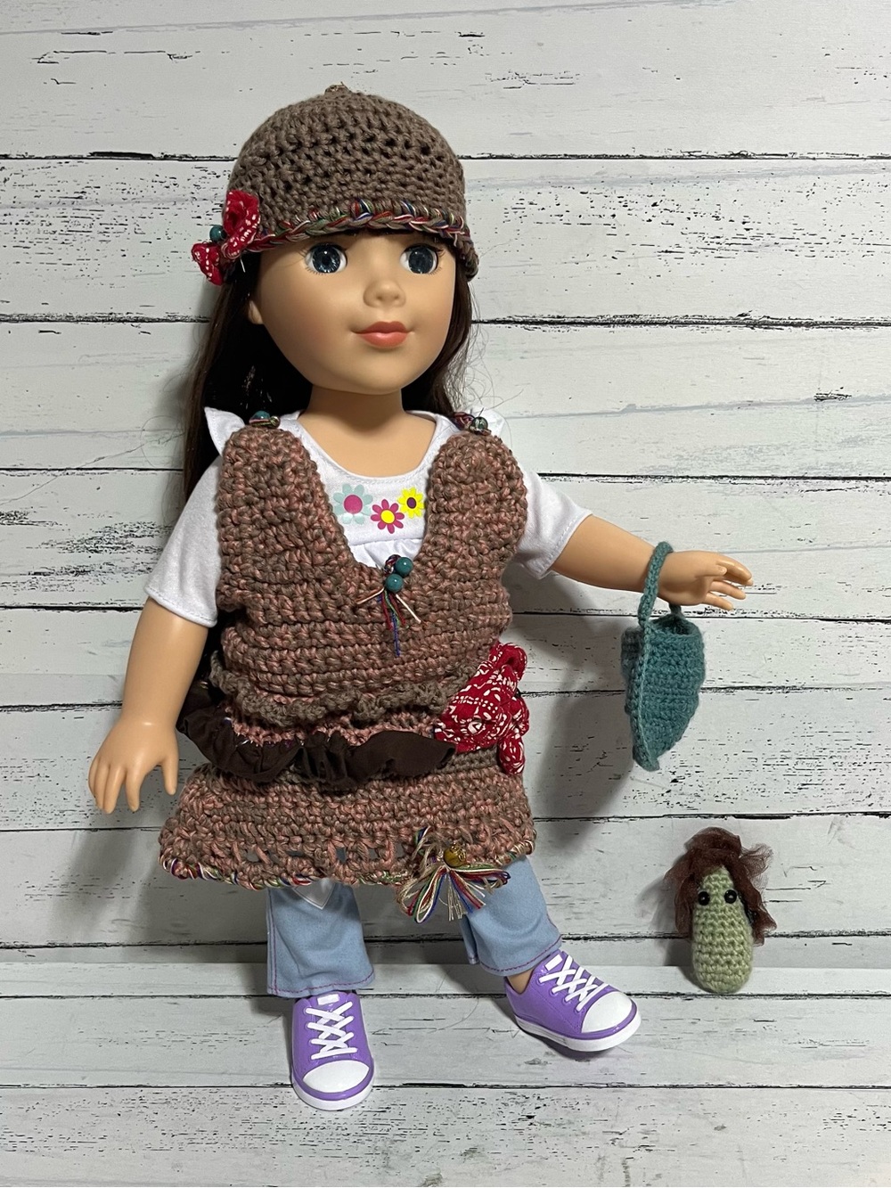 Handmade Crochet Doll Outfit Set Hat Dress Purse Toy 18” Doll Clothing